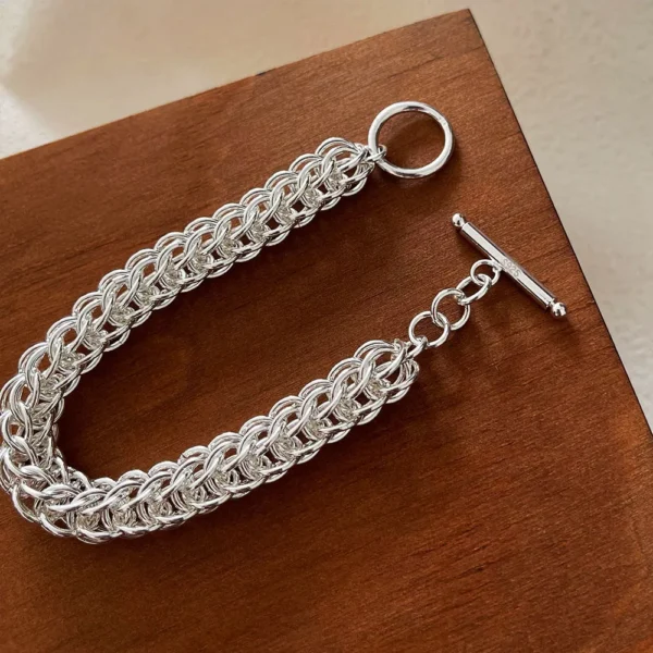 100% Solid 925 Sterling Silver Metal Bracelet for Women Vintage Handmade Simple Wide Heart Chain Bracelet Birthday Gift Party - Image 4