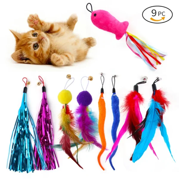 9 Pack Colorful Feather Replacement Head Funny Cat Stick Tassel Feather Feather Fishing Rod Cat Toy Set Cat Toys Interactive - Image 1