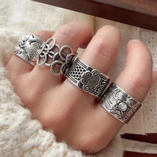 925 Sterling Silver Rings For Women Geometric Fine Jewelry Finger Adjustable Wide Hollow Stone Ring For Party Birthday Gift - Image 6