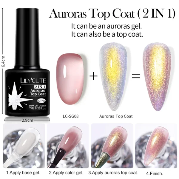 LILYCUTE 7ML Aurora Glitter Nail Gel Polish Blue Purple Sparking Gel Nail Art Semi Permanent UV Gel 2 In 1 Function Top Coat - Image 5