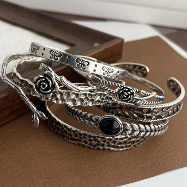 100% Solid 925 Sterling Silver Metal Bracelet for Women Vintage Handmade Simple Retro Flower Chain Bracelet Birthday Gift Party - Image 2