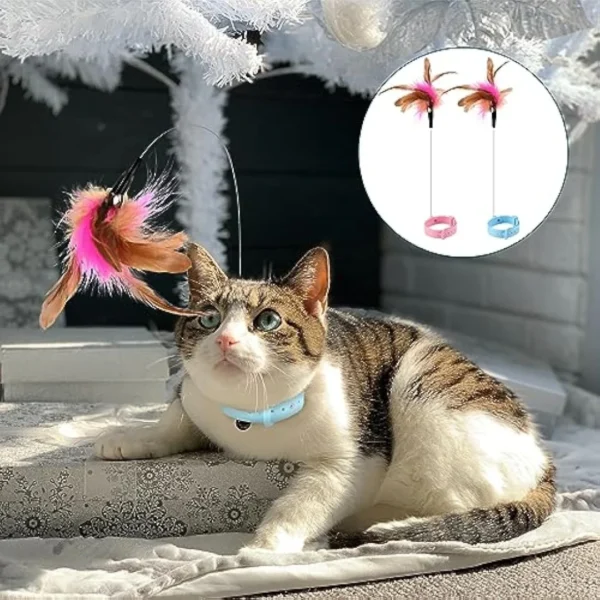 Cat Collar Toy Attached, Silicone Cat Teasing Wand Adjustable Cat Feather Collar Toys with Bell Cat Interactive Teaser Toys - Image 2