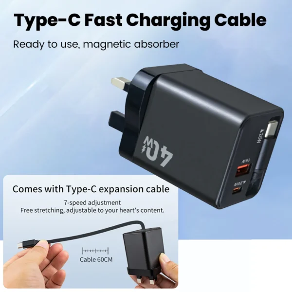 Elough 40W/65WGaN Charger with Retractable Type-C Cable PD Fast Charging for iPhone 16 15 14 Xiaomi Laptop Macbook Phone Charger - Image 4