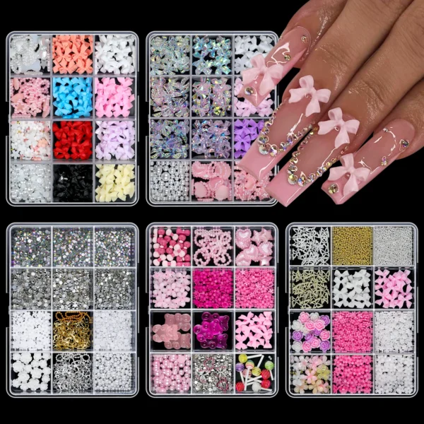 12 Grid Mixed 3D Color Resin Bow Pearl Heart Flat Back Diamond Nail Art Decoration Suitable for Acrylic Nails DIY Nail Art - Image 7