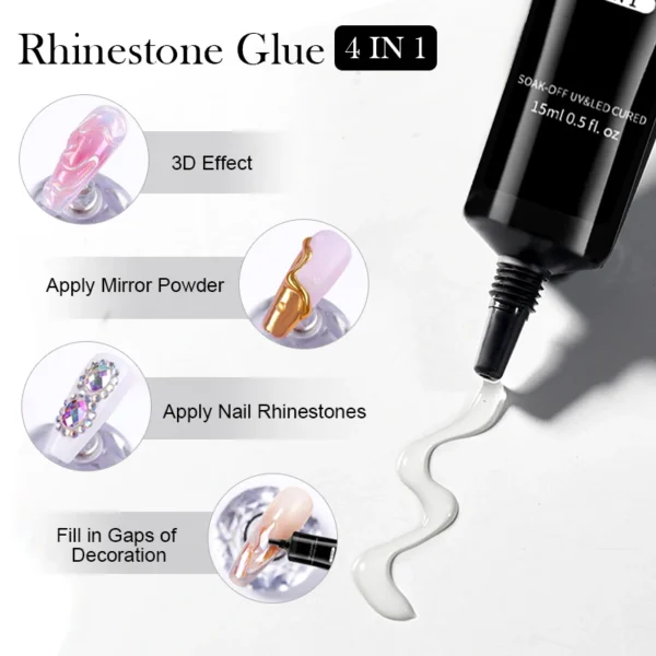 LILYUCUTE 4 IN 1 Nail Rhinestone Gel for DIY 3D Shaping Manicure Super Adhesive NO Wipe Nail Gel for Powder Solid Jewelry Gel - Image 2