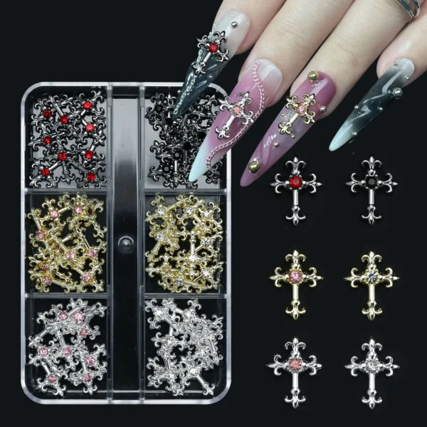 3d cross nail art zircon embedded retro alloy rhinestones Y2K gothic punk metal style nail accessories DIY charm nail decoration - Image 1