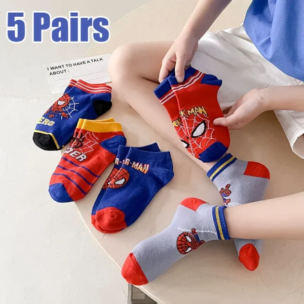 5 Pairs Spiderman Children Socks Anime Kids Boys Short Sock Kawaii Child Cartoon Baby Summer Spring Boat Socks Kids Gift 1-12Y - Image 1