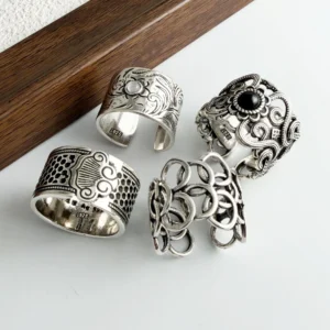 925 Sterling Silver Rings For Women Geometric Fine Jewelry Finger Adjustable Wide Hollow Stone Ring For Party Birthday Gift