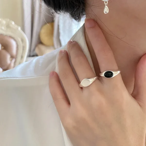 925 Sterling Silver Rings for Women Couple Minimalist Handmade Simple Black Stone Ring Fine Jewelry Gift Prevent Allergy - Image 6