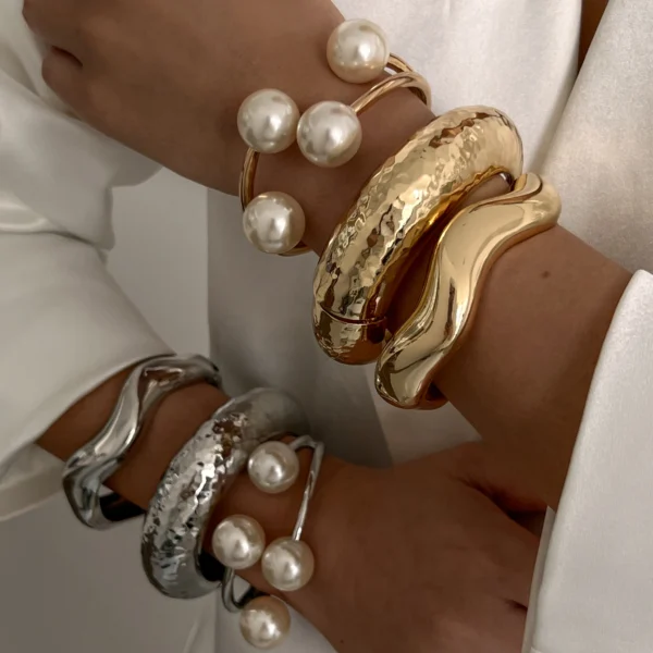 Ingemark 3 Style Creative Big Imitation Pearl Cuff Bracelet Women Trend 2025 Punk Heavy Metal Chunky Spring Bangle Steampunk Men - Image 3