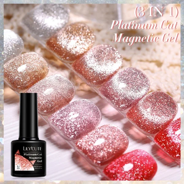 LILYCUTE 7ML 3 IN 1 Platinum Rose Gold Cat Magnetic Gel Nail Polish Moonlight Magnetic Gel Varnish Glitter Semi Permanent UV Gel - Image 3