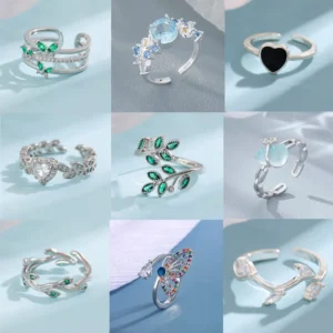 925 Sterling Silver Rings For Women Geometric Fine Jewelry Finger Adjustable Simple Blue Stone Leaf Ring For Party Birthday Gift