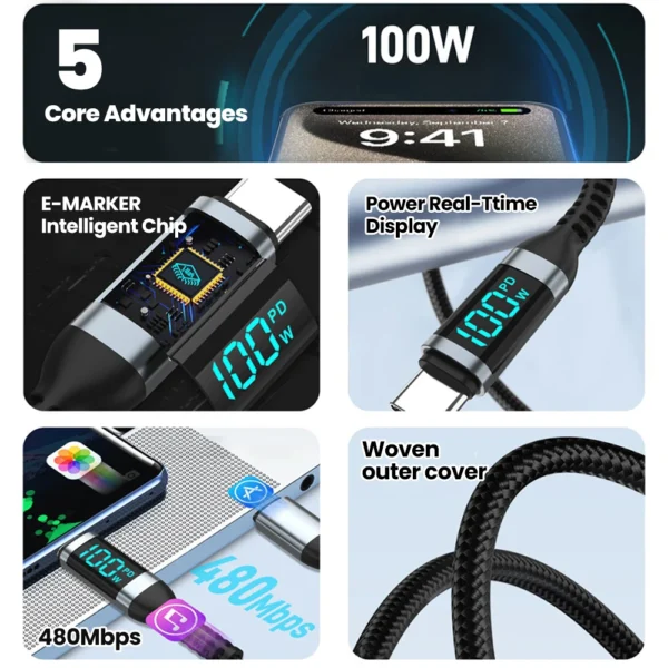 100W Type C to Type C Super Charge Digital Display Cable 0.5m-2m USB C Data Cable For Iphone 15 16 Samsung s24 s23 Huawei Xiaomi - Image 2