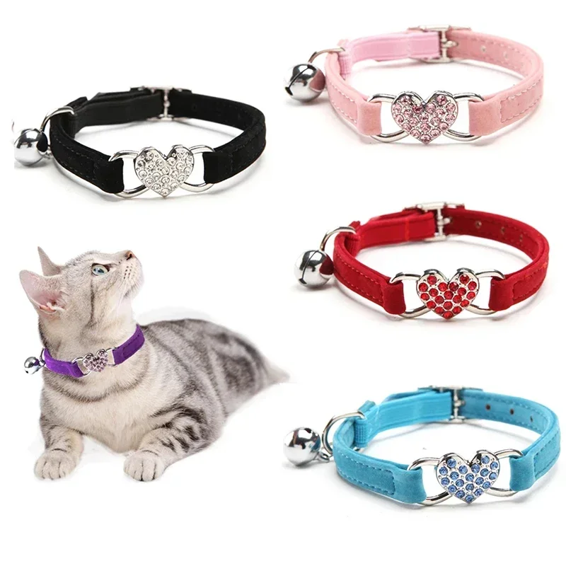 kf-Sd9694638e87b483ea566091d805e090aq 8 Colors Adjustable with Soft Velvet Material Pet Product Small Dog Collar Heart Charm and Bell Cat Collar Safety Elastic - Image 1