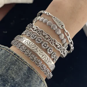 100% Solid 925 Sterling Silver Retro Bracelet for Women Men Vintage Handmade Flower Patern Bracelet Birthday Gift