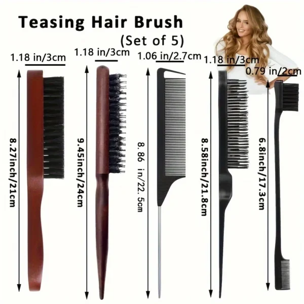 4pcs/5pcs Boar Bristle Hair Brush & Comb Set-Unisex Edge Control Styling Kit for Slick Back Teasing Smoothing-Curly &Normal Hair - Image 6