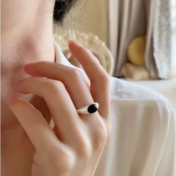 925 Sterling Silver Rings for Women Couple Minimalist Handmade Simple Black Stone Ring Fine Jewelry Gift Prevent Allergy - Image 4