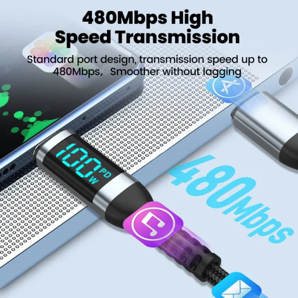 100W Type C to Type C Super Charge Digital Display Cable 0.5m-2m USB C Data Cable For Iphone 15 16 Samsung s24 s23 Huawei Xiaomi - Image 3