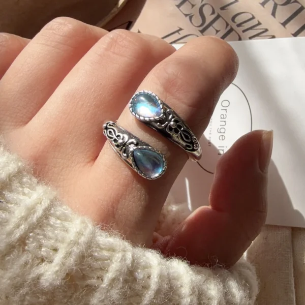 925 Sterling Silver Rings For Women Geometric Fine Jewelry Finger Adjustable Vintage BLue Stone Ring For Party Birthday Gift - Image 3