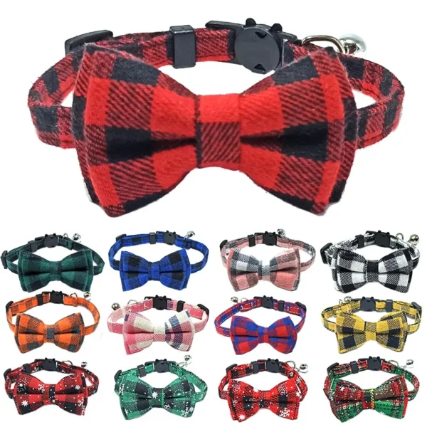 Pet Breakaway Cat Collar Bow Tie and Bell Cute Plaid Christmas Red Elastic Adjustable Dog Collar With Sash Small Bell For Cats - Image 1