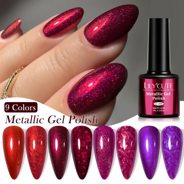 LILYCUTE 7ml Metallic Gel Nail Polish Red Chrome Mirror Effect Thread Shell Nail Gel Quick Dry Semi Permanent UV Gel Nail Art - Image 2