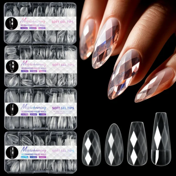 Diamond Shaped 3D Almond Nails Transparent Non-marking Frosted Square Oval Wearable Full Cover Ballet Press Fake Nail Manicure - Image 1