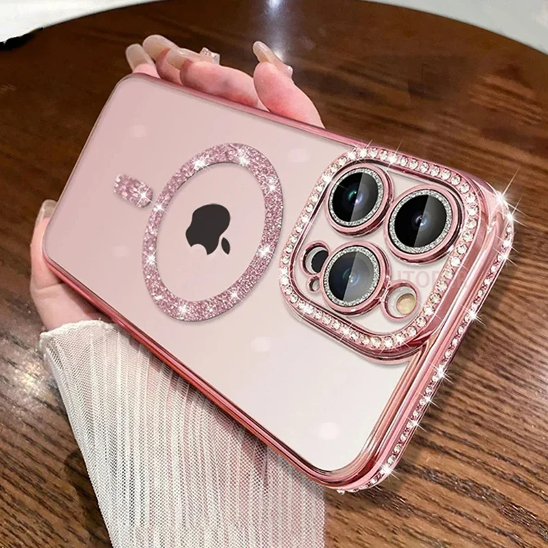 Luxury Bling Crystal Lens Film Case For iPhone 15 16 11 12 13 14 Pro Max 16 Plus Magsafe Magnetic Wireless Charging Clear Cover Luxury Bling Crystal Lens Film Case For iPhone 15 16 11 12 13 14 Pro Max 16 Plus Magsafe Magnetic Wireless Charging Clear Cover - Image 1