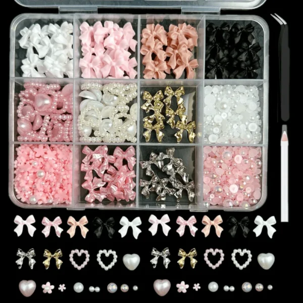 1 Set Nail Art Decorations Kit, Resin Bow Charms and Pearls in Mixed Sizes, DIY Manicure Accessories, Nail Art Supplies with box - Image 2