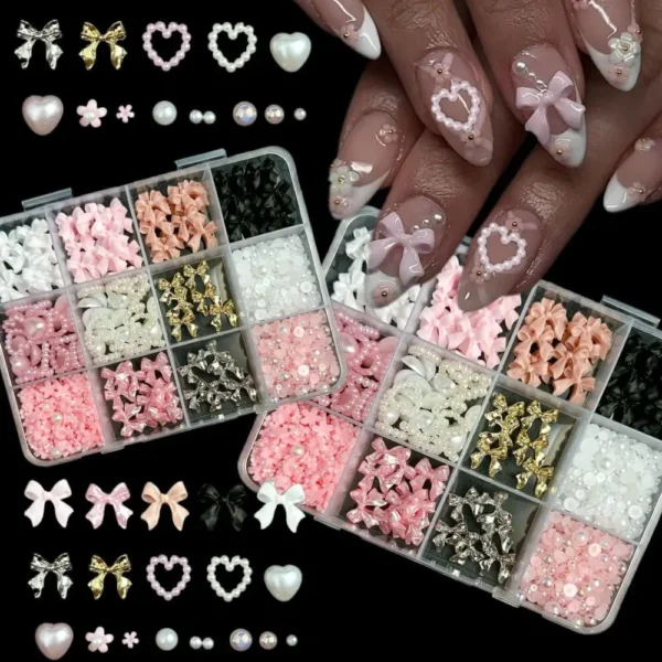 1 Set Nail Art Decorations Kit, Resin Bow Charms and Pearls in Mixed Sizes, DIY Manicure Accessories, Nail Art Supplies with box - Image 3