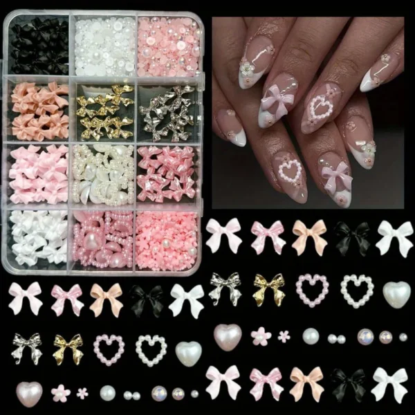 1 Set Nail Art Decorations Kit, Resin Bow Charms and Pearls in Mixed Sizes, DIY Manicure Accessories, Nail Art Supplies with box - Image 4