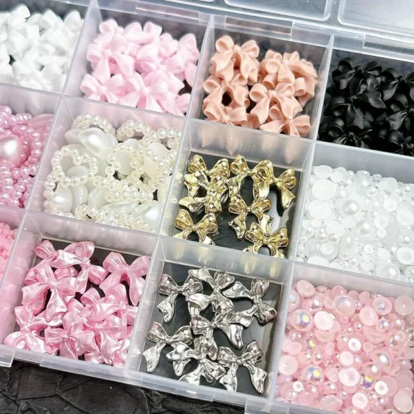 1 Set Nail Art Decorations Kit, Resin Bow Charms and Pearls in Mixed Sizes, DIY Manicure Accessories, Nail Art Supplies with box - Image 6
