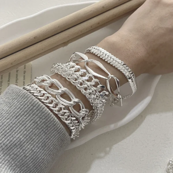 100% Solid 925 Sterling Silver Bracelet for Women Men Vintage Handmade Shinning Heart Bracelets Birthday Christmas Gift - Image 1