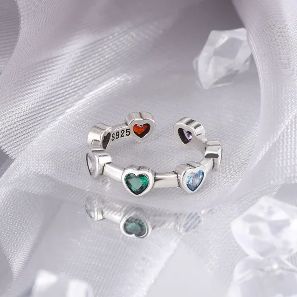 100% Solid 925 Sterling Silver Heart Rings For Women Green Red Stone Simple Trendy Retro Anillos Party Gifts Accessories - Image 1