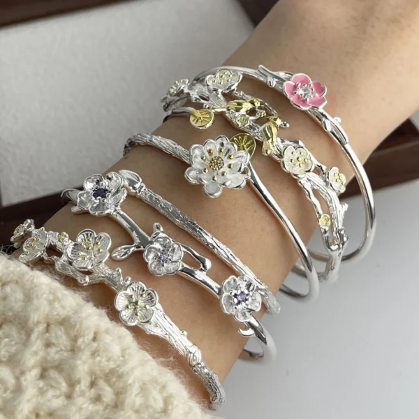 100% Solid 925 Sterling Silver Metal Bracelet for Women FLower Handmade Simple Wide Heart Chain Bracelet Birthday Gift Party - Image 1