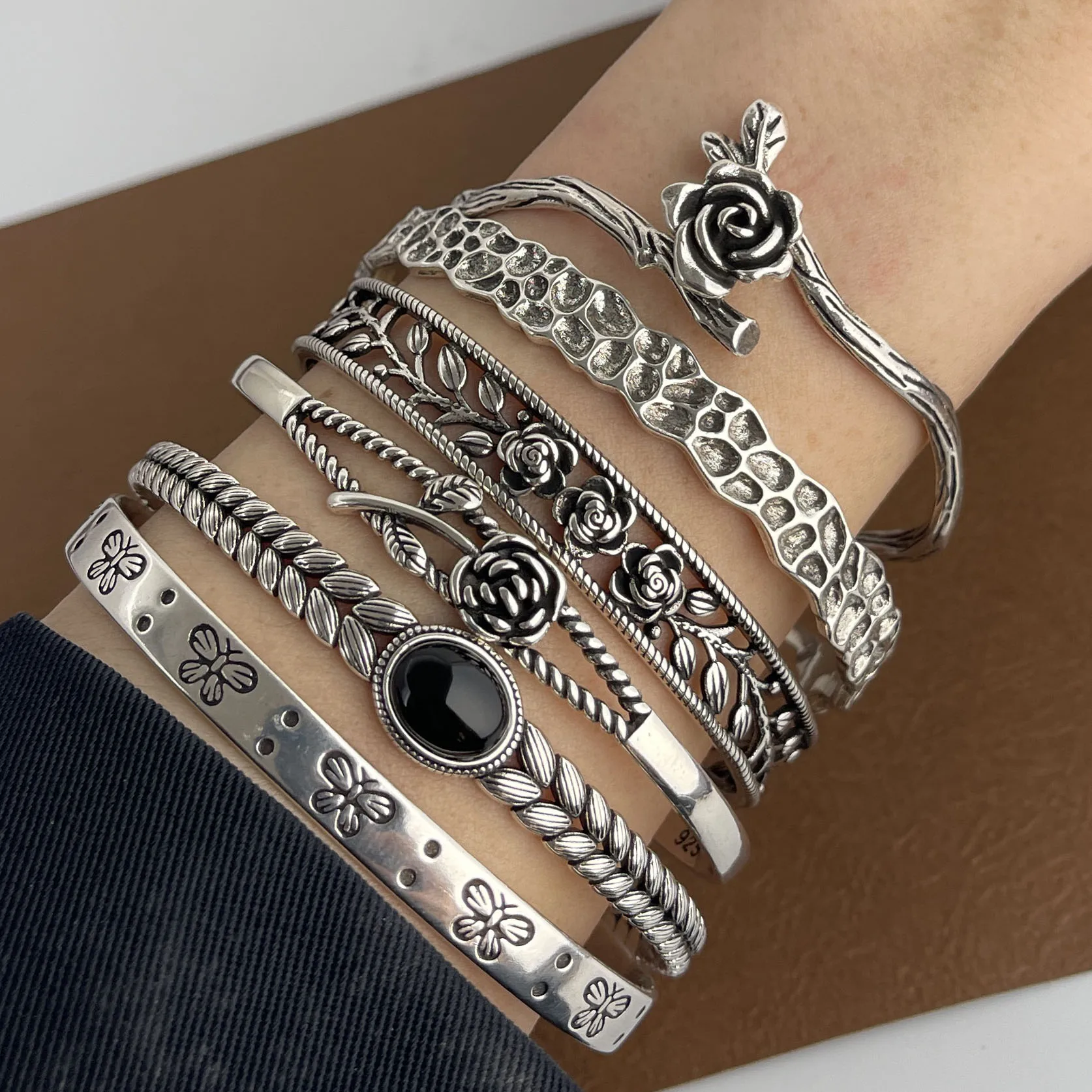 100% Solid 925 Sterling Silver Metal Bracelet for Women Vintage Handmade Simple Retro Flower Chain Bracelet Birthday Gift Party 100% Solid 925 Sterling Silver Metal Bracelet for Women Vintage Handmade Simple Retro Flower Chain Bracelet Birthday Gift Party - Image 1