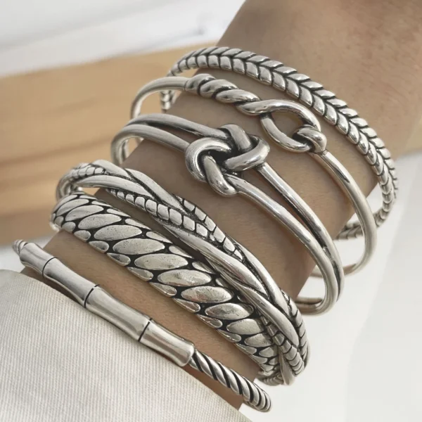 100% Solid 925 Sterling Silver Metal Bracelet for Women Vintage Handmade Simple Retro Knots Bracelet Birthday Gift Party - Image 1