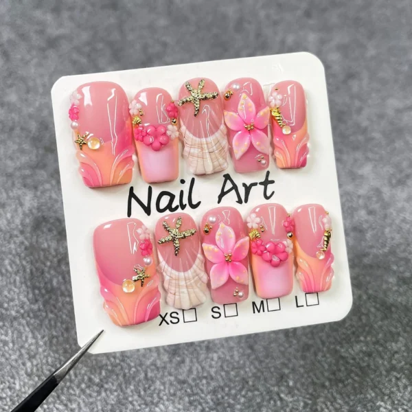 10Pcs Mid-length Square Pink False Nail Dreamy Gradient Ocean-style Nail Art Sweet 3D Flowers Hot Girl Wearable Manicure Fashion - Image 1