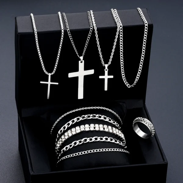 10Pcs/Set Cross Necklace Bracelet Ring Sets For Men Stainless Steel Silver Color Versatile Zircon Jewelry Set Fashion Party Gift 10Pcs/Set Cross Necklace Bracelet Ring Sets For Men Stainless Steel Silver Color Versatile Zircon Jewelry Set Fashion Party Gift - Image 1