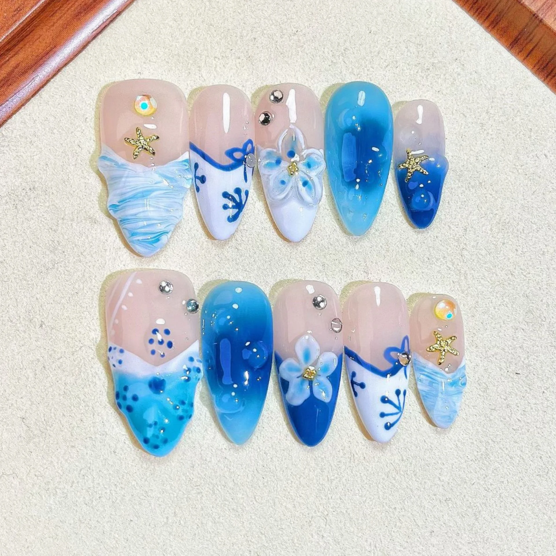 10pcs Gradient Blue French Style Press On Nails Handmade Carved 3D Flower Seashell False Nail Summer Ice Transparent Almond Nail 10pcs Gradient Blue French Style Press On Nails Handmade Carved 3D Flower Seashell False Nail Summer Ice Transparent Almond Nail - Image 1