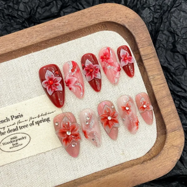 10pcs Handmade Almond Press on Nails Hand-carved Devil's Flower Design Fake Nail Tips Wearable Detachable Ins Sweet False Nails - Image 1