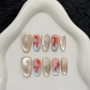 10pcs Handmade Cat Eye Press on Nails Good Luck Goldfish Print Fake Nails Tips for Women Girl Wearable Chinese Style False Nails