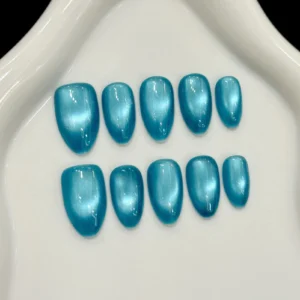 10pcs Handmade Glass Bead Cat Eyes Press on Nails Solid Color Fake Nails Wearable Reusable Ins Simple Long Almond False Nail Tip