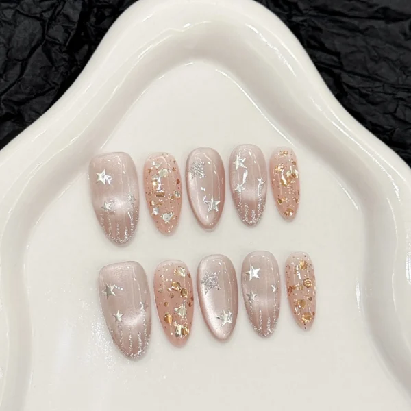 10pcs Handmade Nude Cat Eye Press on Nails Shiny Sequins Design Fake Nails Wearable Short Almond Sweet Korean False Nail Tips 10pcs Handmade Nude Cat Eye Press on Nails Shiny Sequins Design Fake Nails Wearable Short Almond Sweet Korean False Nail Tips - Image 1