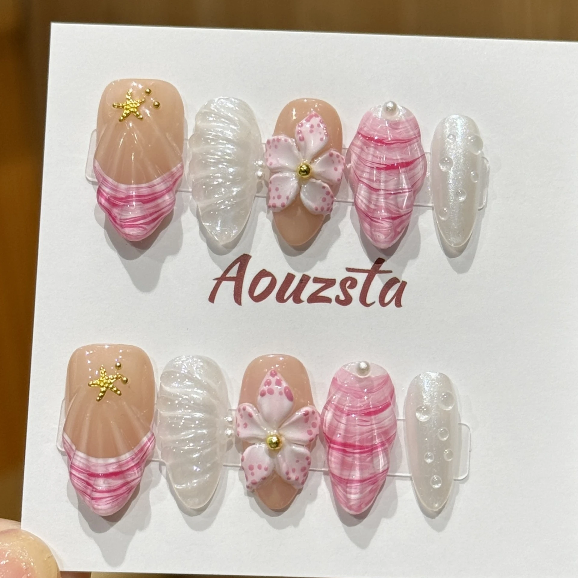 10pcs Handmade Press On Nails 3D Carving Flower Shells False Nails Detachable Summer Almond Pink French Style Fake Nail Tips 10pcs Handmade Press On Nails 3D Carving Flower Shells False Nails Detachable Summer Almond Pink French Style Fake Nail Tips - Image 1