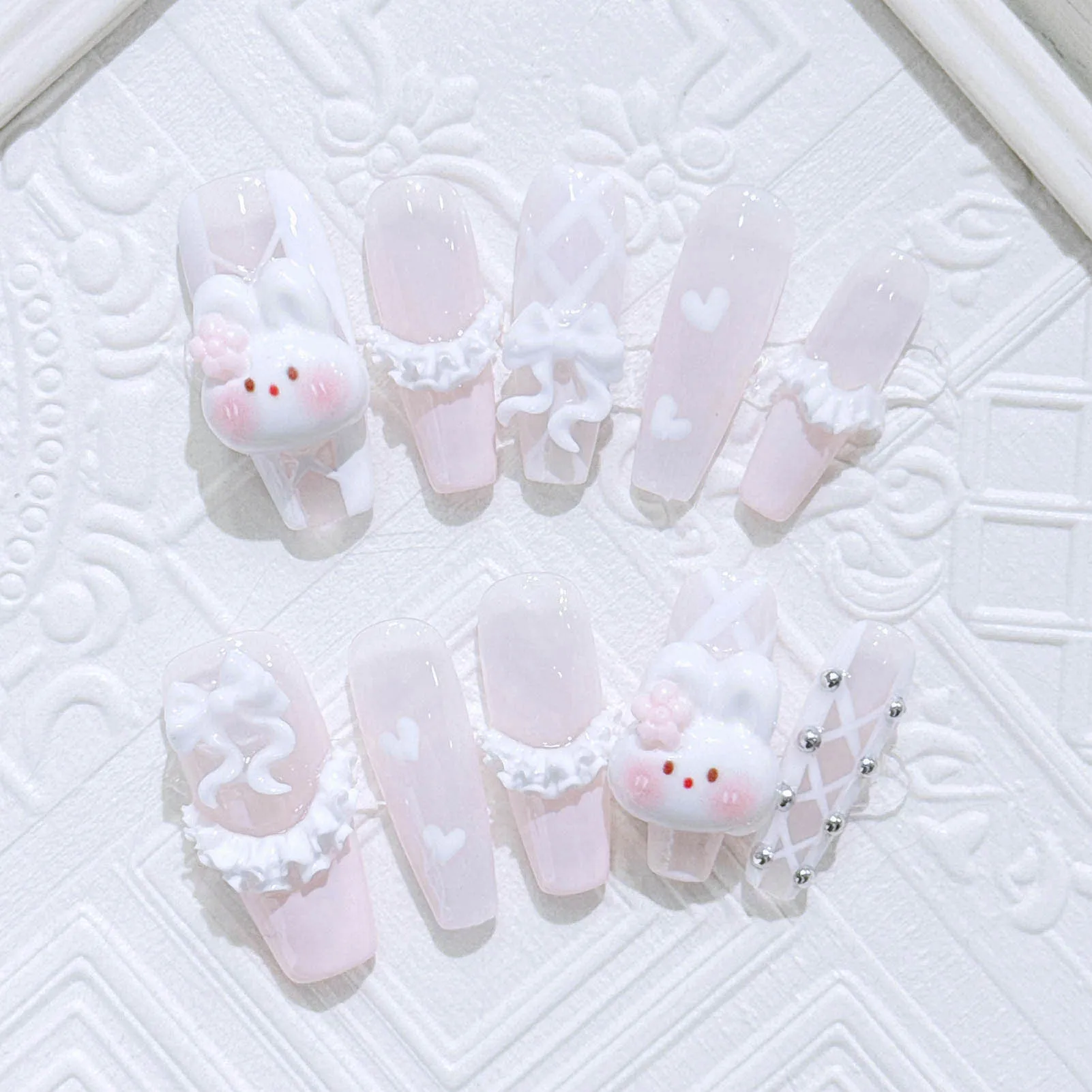 10pcs Handmade Press On Nails Light Pink French Style White Long Coffin False Nails Cute 3D Rabbit Designs Sweet Fake Nail Tips 10pcs Handmade Press On Nails Light Pink French Style White Long Coffin False Nails Cute 3D Rabbit Designs Sweet Fake Nail Tips - Image 1