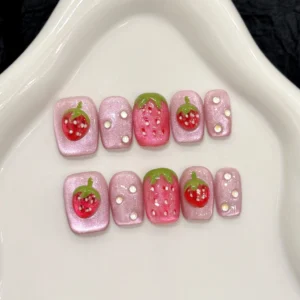 10pcs Handmade Press on Nails 3D Strawberry Decor Fake Nails for Girl Wearable Detachable Short Pink Cat Eye False Nail Tips