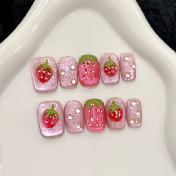 10pcs Handmade Press on Nails 3D Strawberry Decor Fake Nails for Girl Wearable Detachable Short Pink Cat Eye False Nail Tips - Image 1