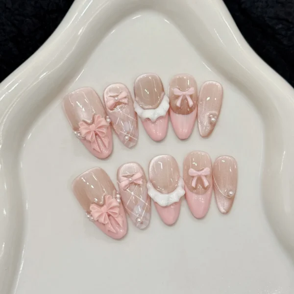 10pcs Handmade Press on Nails French Cat Eye Pink Bow Decor Korean False Nails Wearable Full Cover Ins Almond False Nail Tips - Image 1