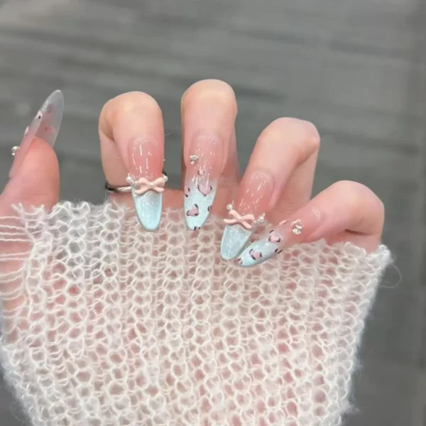 10pcs Handmade Press on Nails Leopard Print Blue Cat Eye Fake Nail Tips Wearable Detachable Spice Girls Long Almond False Nails - Image 1