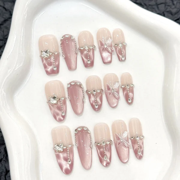 10pcs Handmade Press on Nails Pink Butterfly Design Fake Nails Wearable Reusable Glitter Cat Eye Sweet Korean False Nail Tips - Image 1